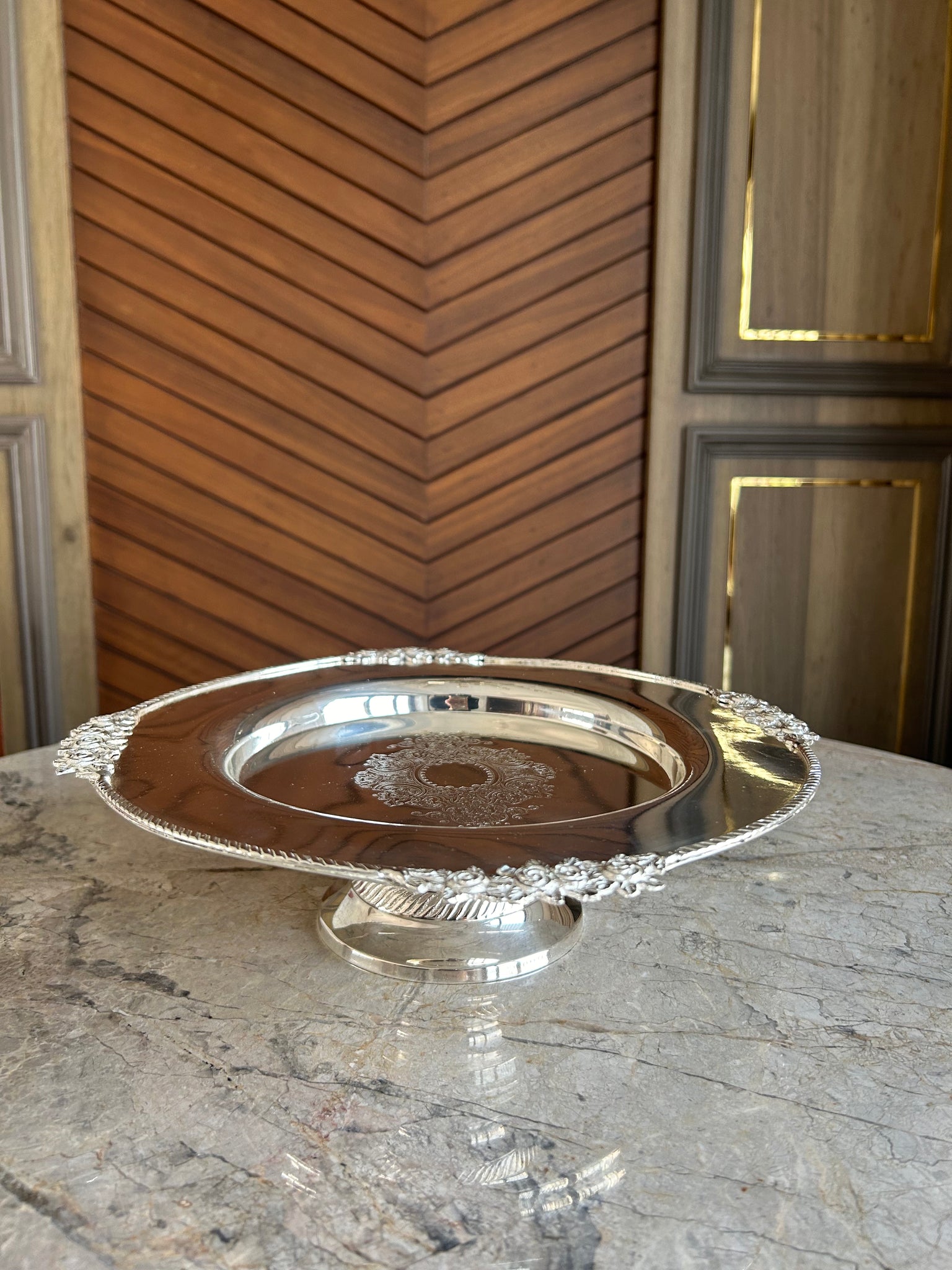 Rose Design Silver Platter on Stand