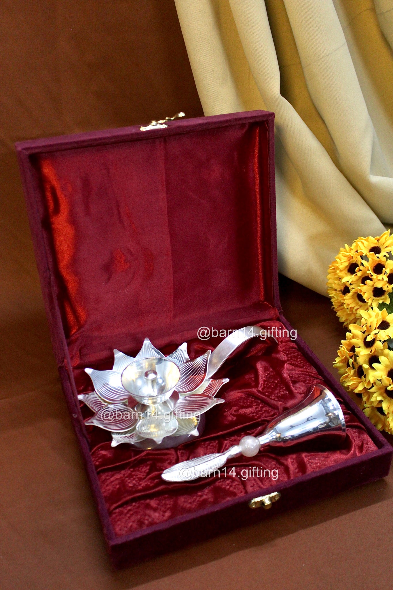 Lotus Diya and Pink Stone bell Set