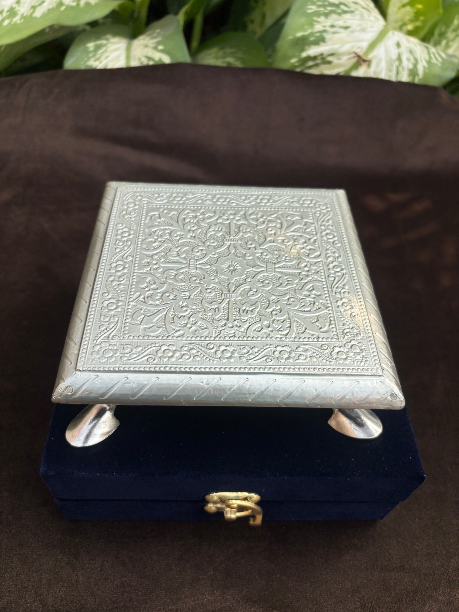 Mini Silver Sheet Chowki with Velvet Box