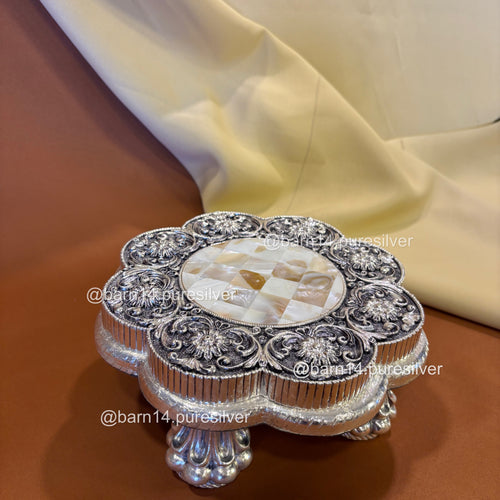 Pure Silver Flower Design Mother of Pearl Chowki