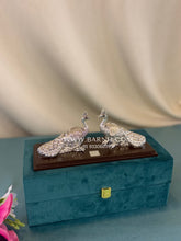 Pure Silver Peacock Pair on Wooden Base
