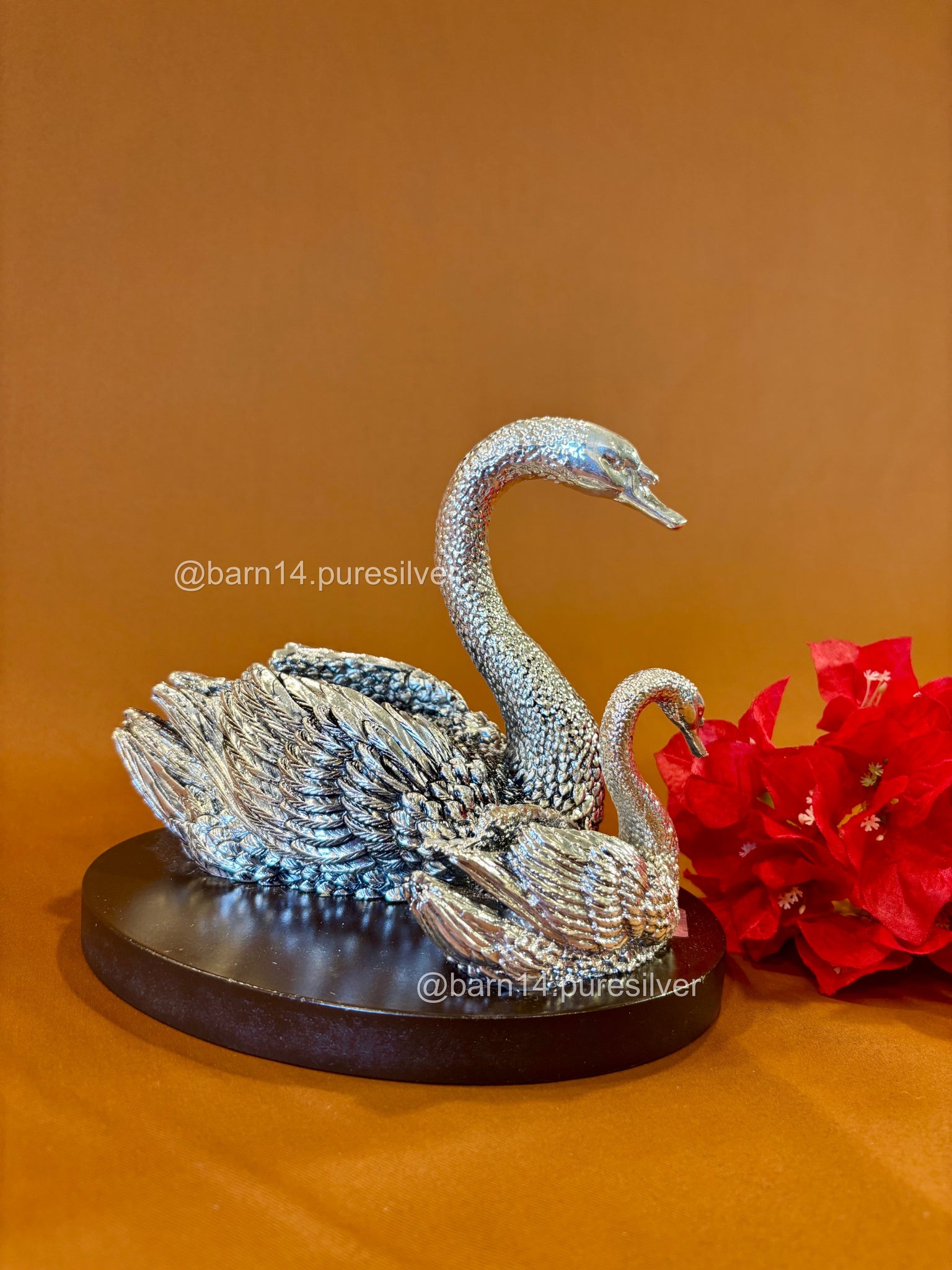 Pure Silver Mother and Baby Swan on Wooden Base