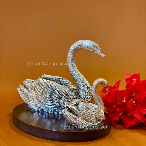 Pure Silver Mother and Baby Swan on Wooden Base
