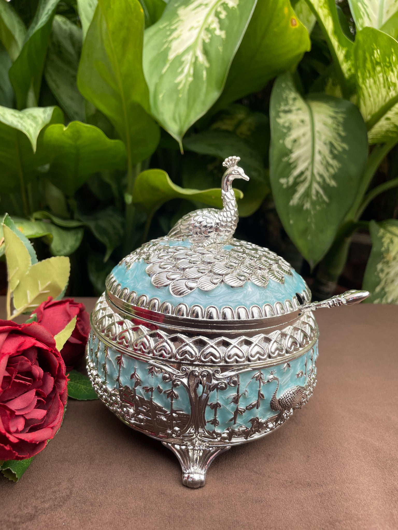 Enamel Round Peacock Sugar Pot