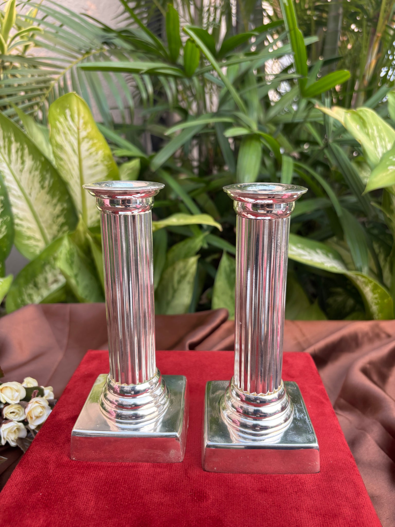 Silver Plated Pillar Candle Stand Pair