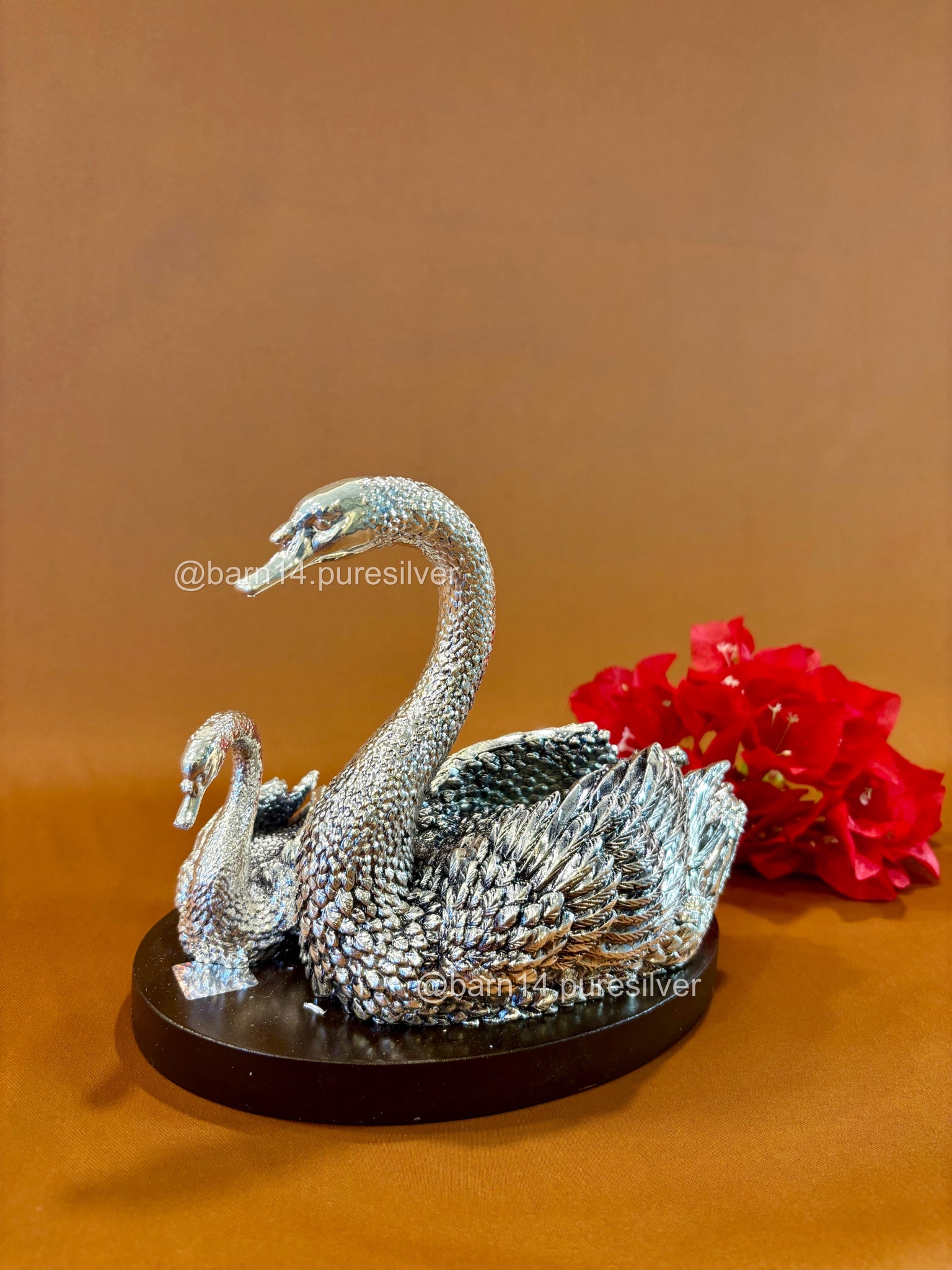 Pure Silver Mother and Baby Swan on Wooden Base
