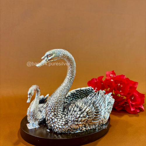 Pure Silver Mother and Baby Swan on Wooden Base