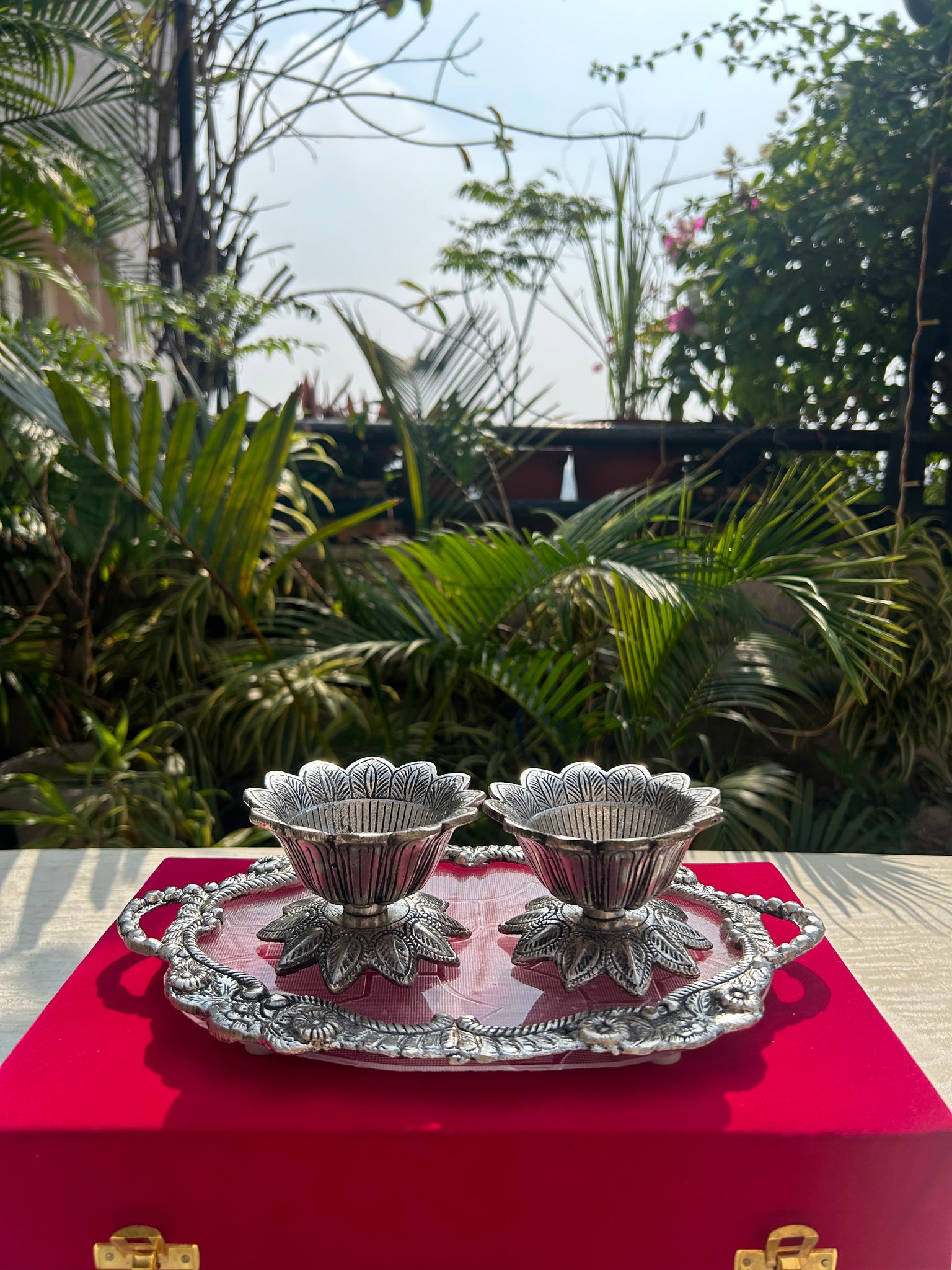 Fibre Tray with Two Lotus Bowls