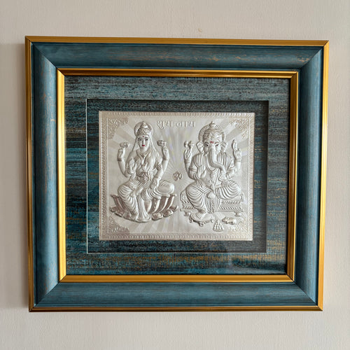 Pure Silver Ganesh Laxmi Gold Border Frame Idol