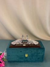 Pure Silver Peacock Pair on Wooden Base