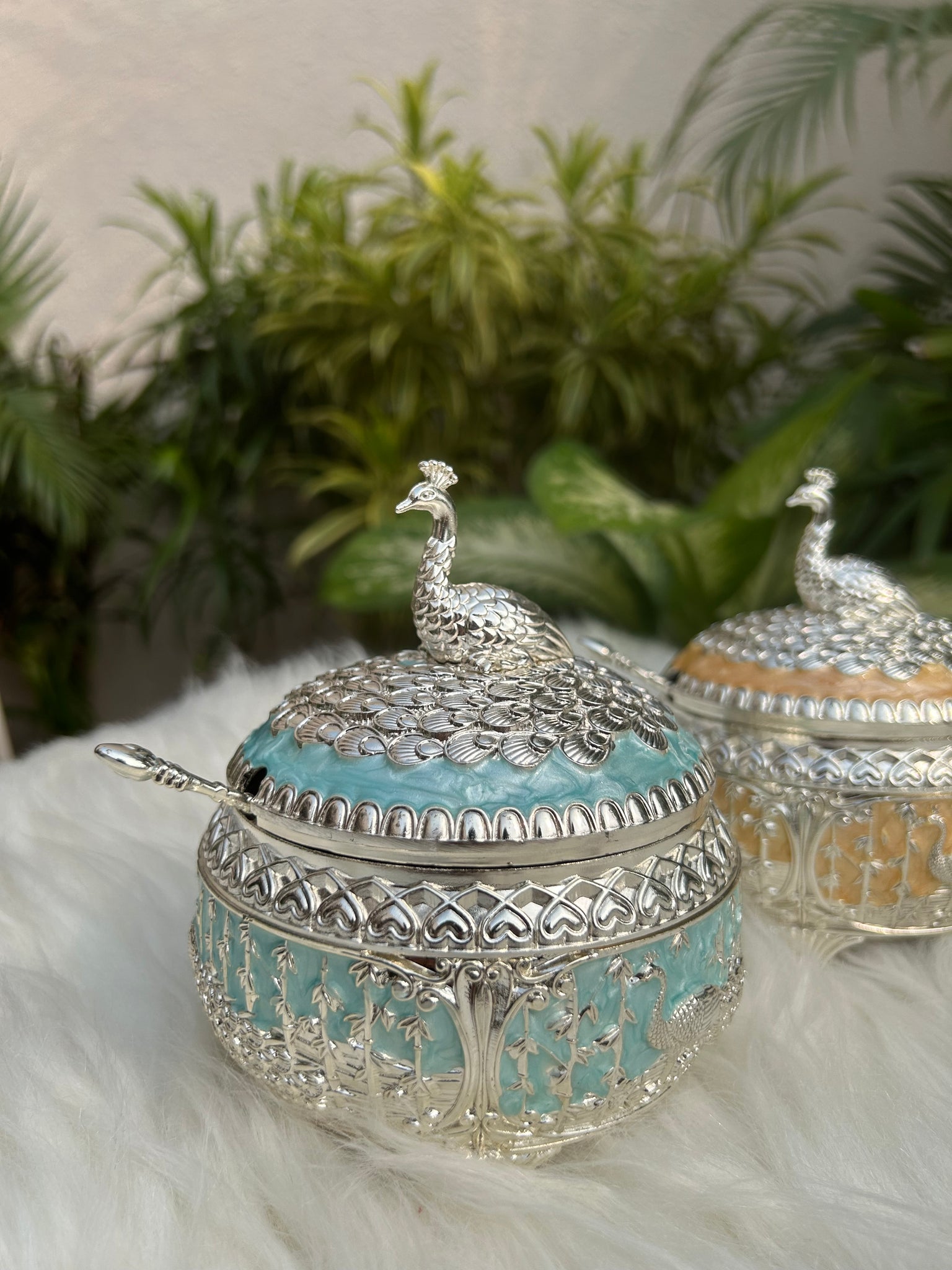 Enamel Round Peacock Sugar Pot