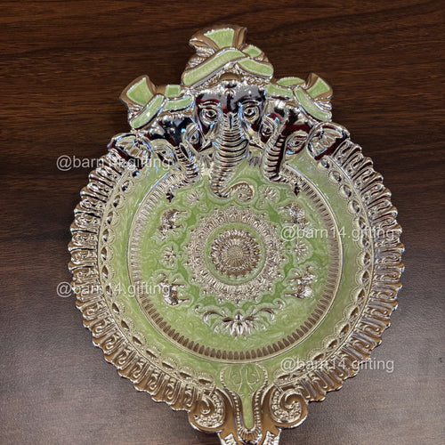 Elegant enamel Ganesh platter with ornate craftsmanship, a premium spiritual keepsake and luxury gift for weddings, anniversaries and corporate occasions.