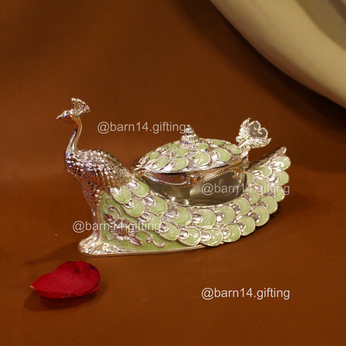 Luxury enamel peacock sugar pot for dry fruits, sweets, and condiments – elegant silver finish for festive, wedding, and anniversary gifting.