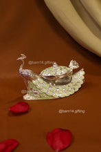 Luxury enamel peacock sugar pot for dry fruits, sweets, and condiments – elegant silver finish for festive, wedding, and anniversary gifting.