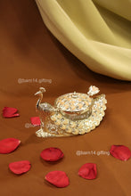 Luxury enamel peacock sugar pot for dry fruits, sweets, and condiments – elegant silver finish for festive, wedding, and anniversary gifting.