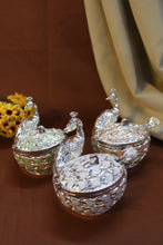 Handcrafted peacock-shaped sugar pot with enamel feather detailing, elegant silver jar symbolizing prosperity, ideal for weddings and housewarmings.