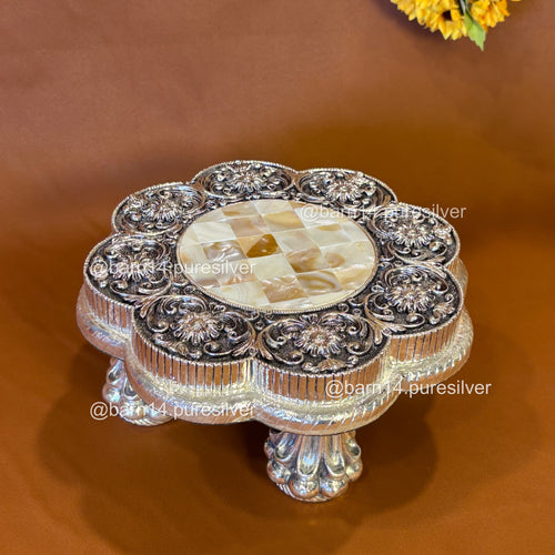 Pure Silver Flower Design Mother of Pearl Chowki