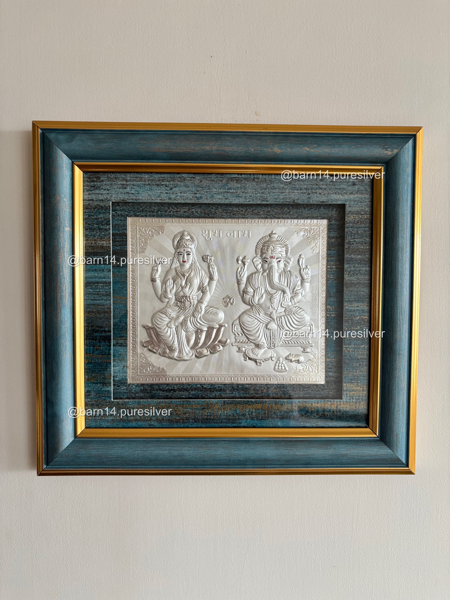 Pure Silver Ganesh Laxmi Gold Border Frame Idol