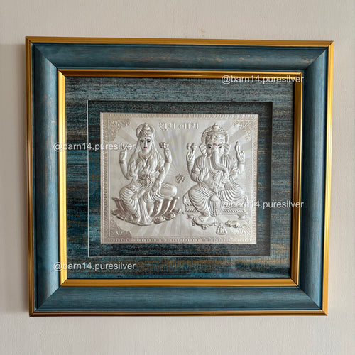 Pure Silver Ganesh Laxmi Gold Border Frame Idol
