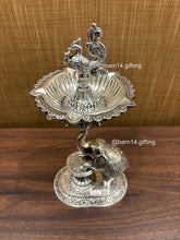 Silver finish Gaj Mayur diya stand with elephant base and peacock, traditional lamp for Diwali, housewarming, and daily pooja rituals.