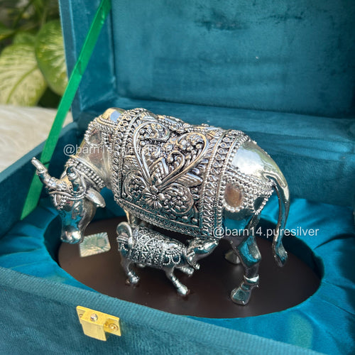 Pure Silver Cow and Calf on Wooden Base