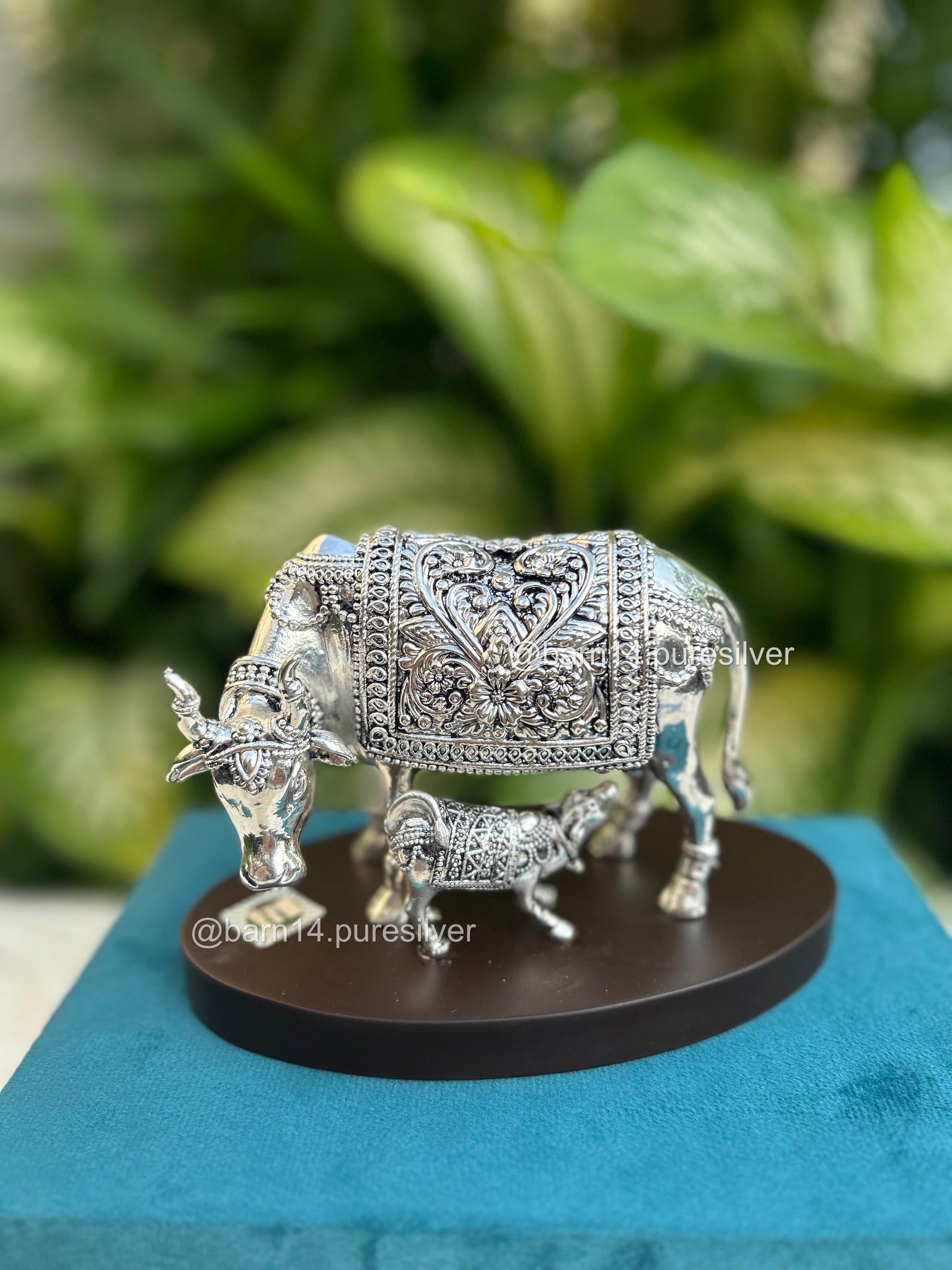 Pure Silver Cow and Calf on Wooden Base