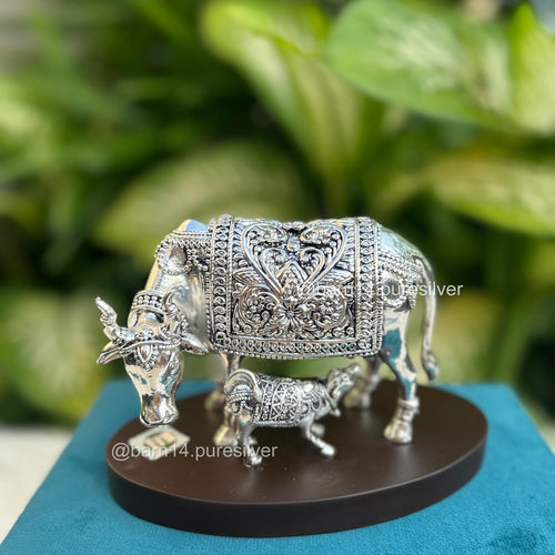 Pure Silver Cow and Calf on Wooden Base