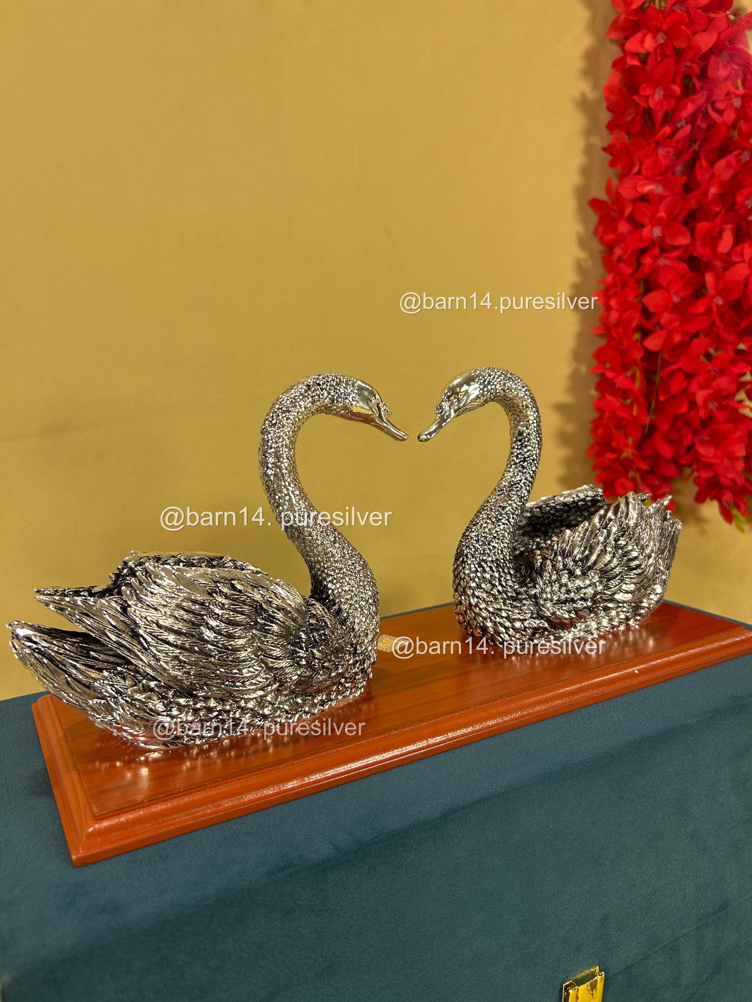 Pure Silver Swan Pair on Wooden Base