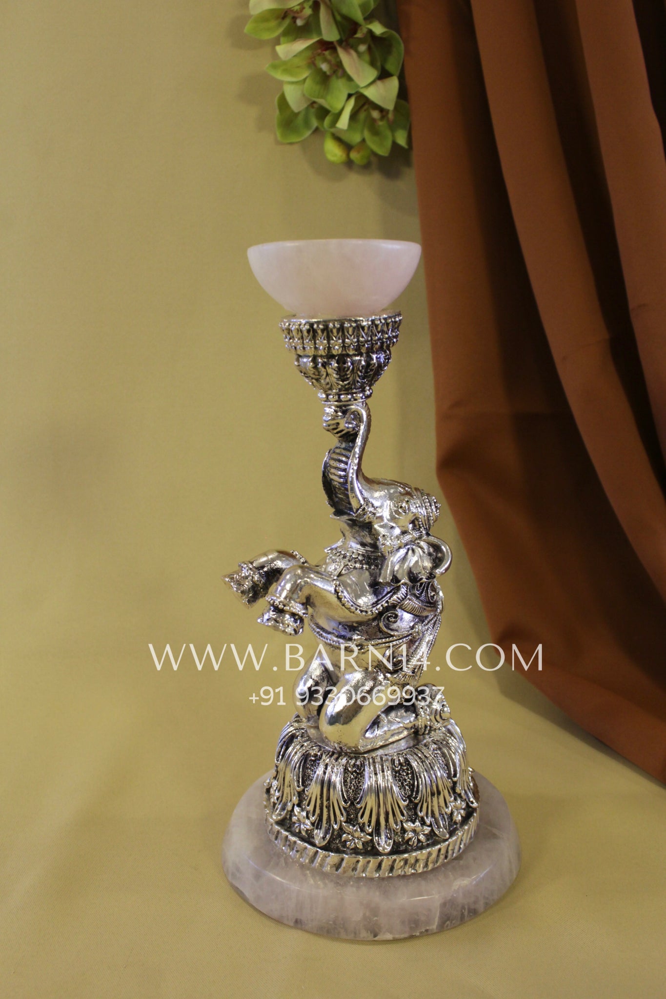 Pure Silver Elephant T-Light Holder- Rose Quartz Edition