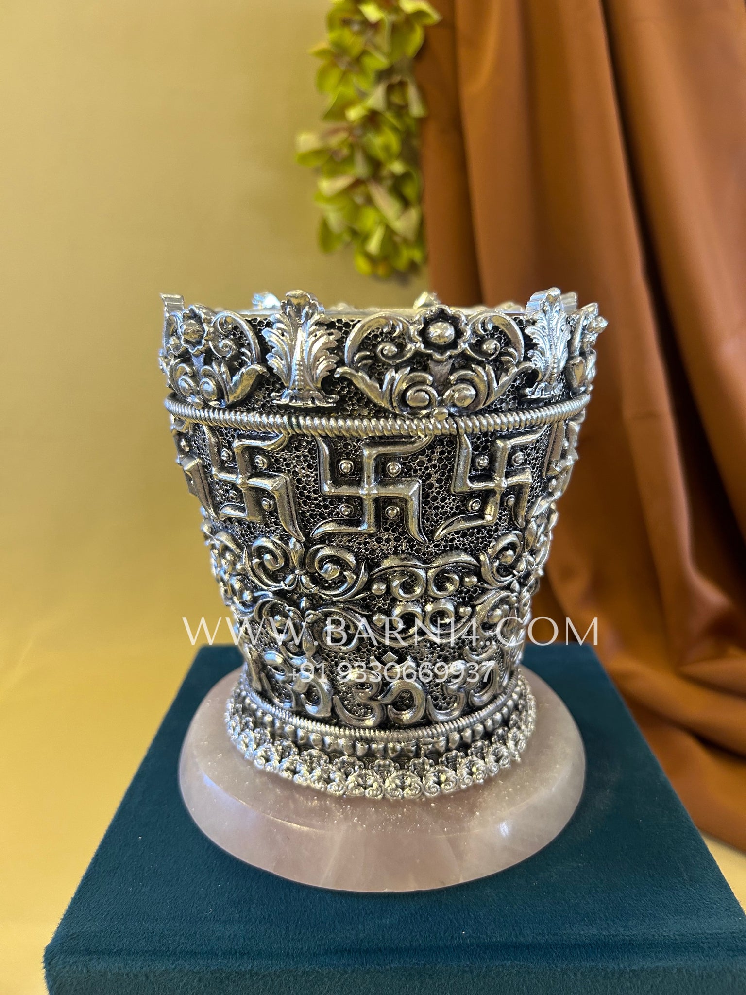 Pure Silver Tulsi Pot- Rose Quarts Edition