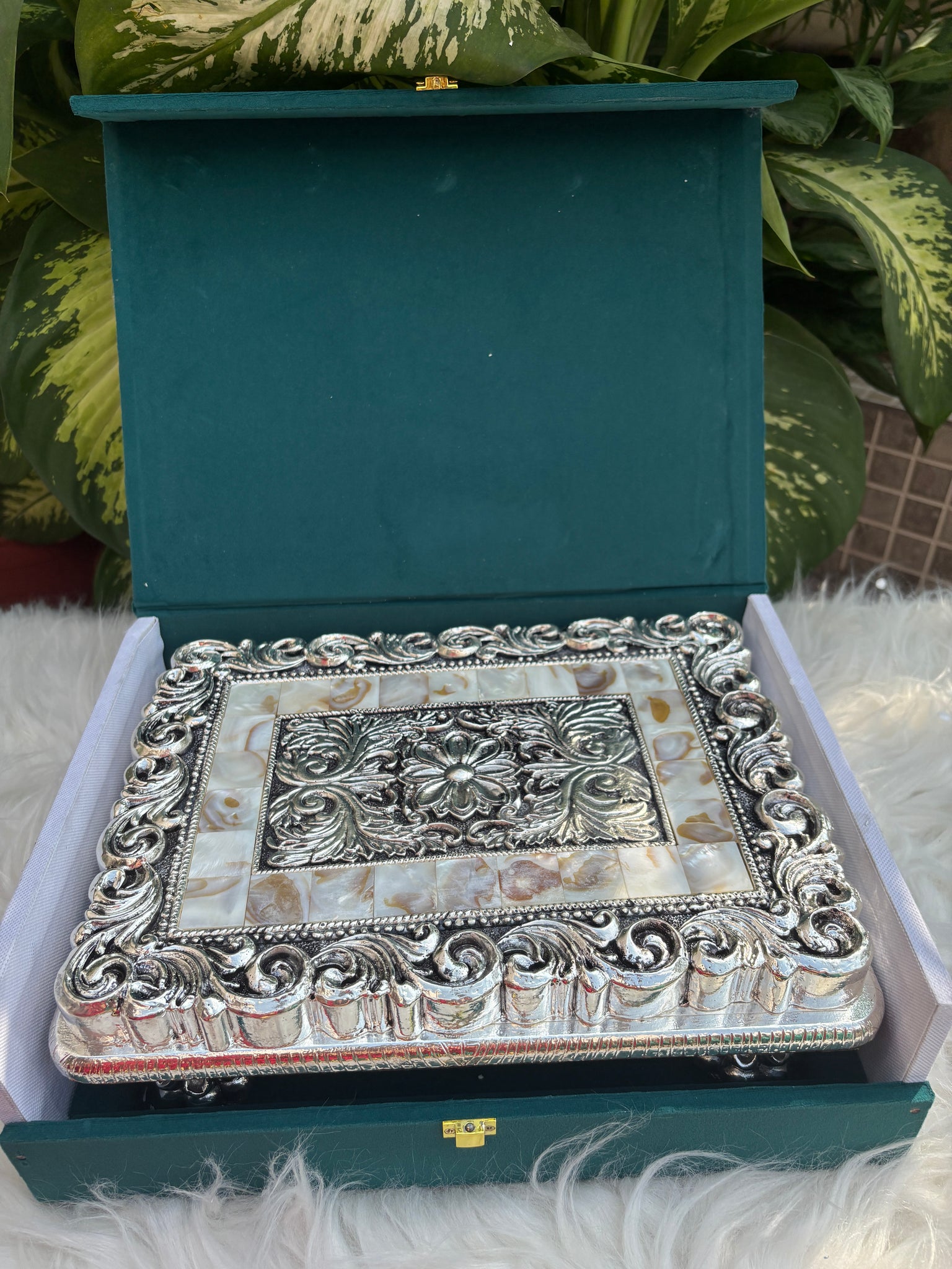 Pure Silver Rectangle Mother of Pearl Chowki