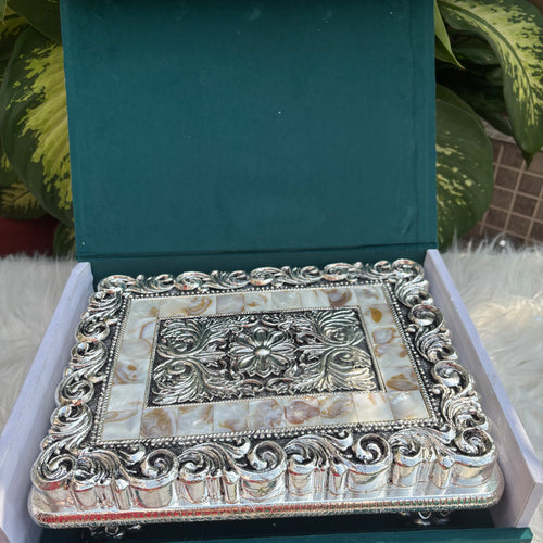 Pure Silver Rectangle Mother of Pearl Chowki