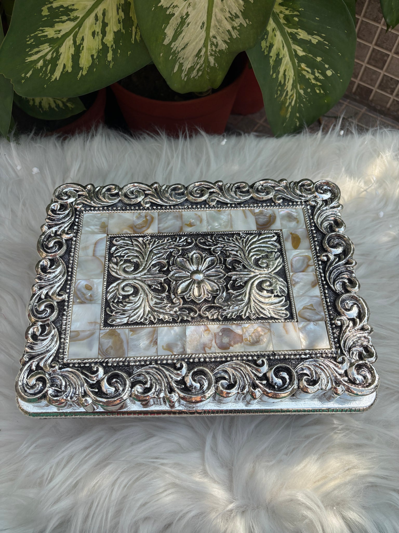 Pure Silver Rectangle Mother of Pearl Chowki