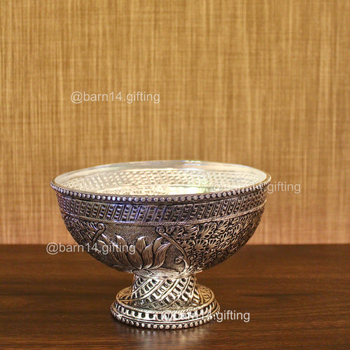 German silver lotus round fruit bowl with intricate engravings, perfect for serving fruits, dry fruits, or sweets, auspicious centerpiece for weddings, Diwali, and housewarming gifts.