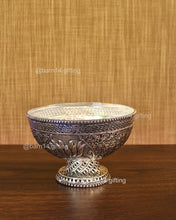 German silver lotus round fruit bowl with intricate engravings, perfect for serving fruits, dry fruits, or sweets, auspicious centerpiece for weddings, Diwali, and housewarming gifts.