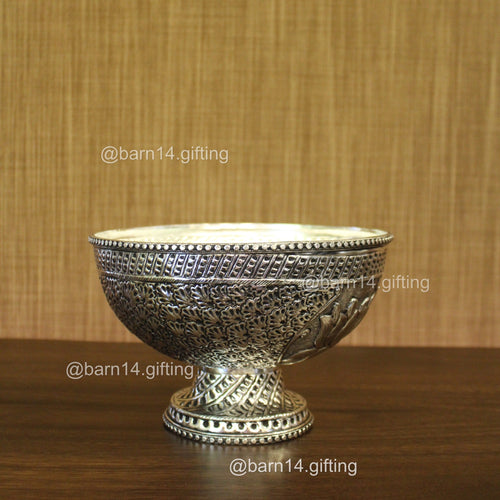 German silver lotus round fruit bowl with intricate engravings, perfect for serving fruits, dry fruits, or sweets, auspicious centerpiece for weddings, Diwali, and housewarming gifts.