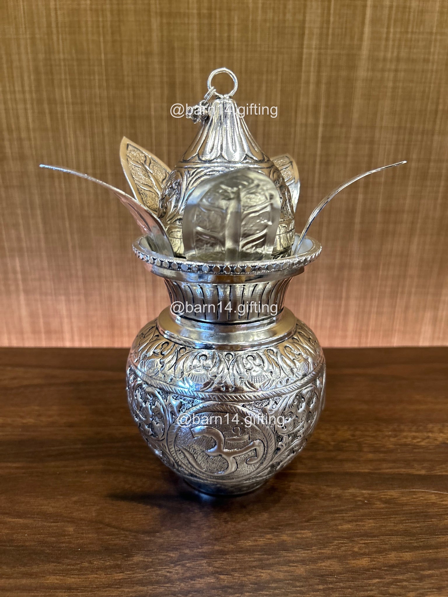 Traditional Om-engraved Kalash with Nariyal, sacred symbol of purity and prosperity, ideal for puja rituals, weddings, Diwali, and housewarming ceremonies.