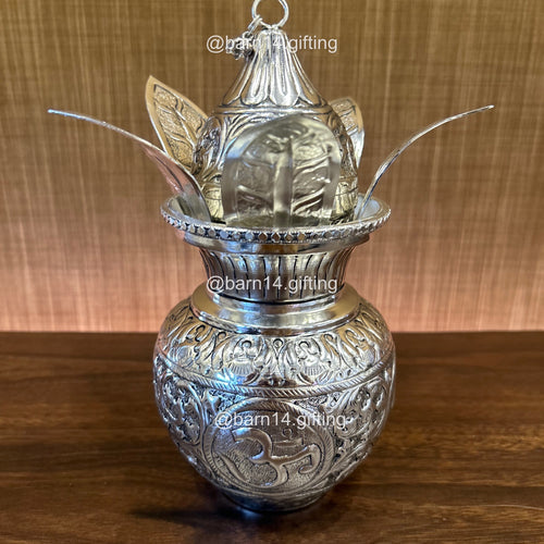 Traditional Om-engraved Kalash with Nariyal, sacred symbol of purity and prosperity, ideal for puja rituals, weddings, Diwali, and housewarming ceremonies.