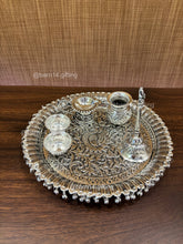 Intricately crafted peacock puja thali set complete aarti plate with diya, katori, kalash, and spoon for daily puja, Diwali, and wedding gifting.