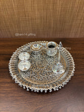 Intricately crafted peacock puja thali set complete aarti plate with diya, katori, kalash, and spoon for daily puja, Diwali, and wedding gifting.