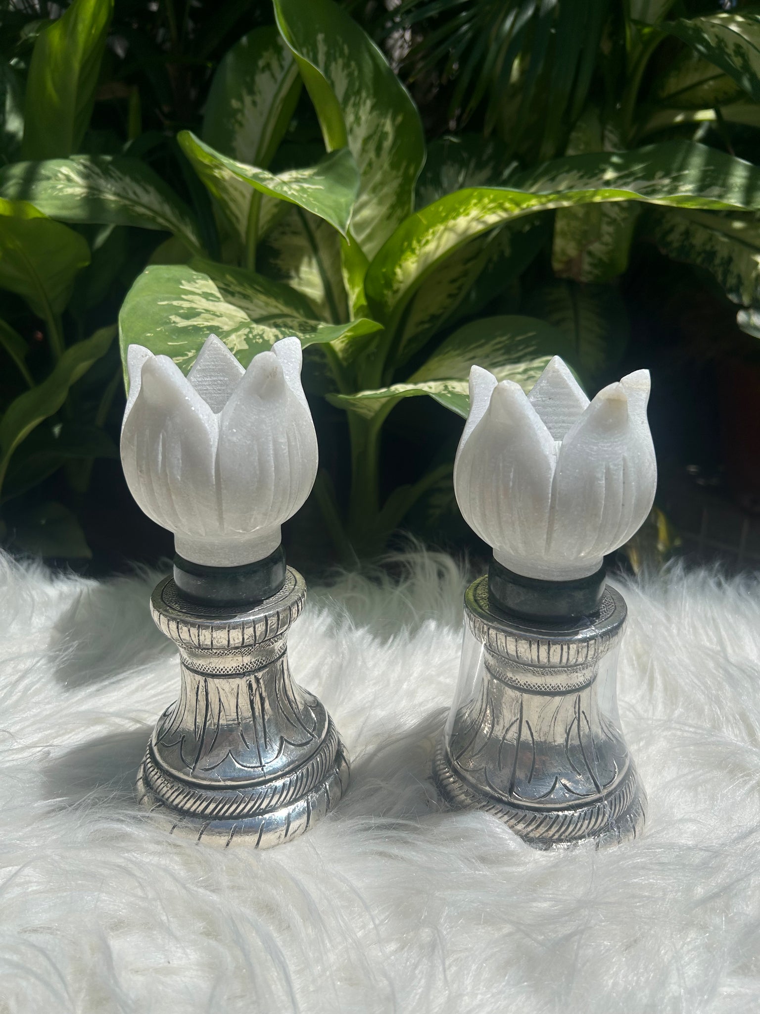 Pure Silver Lotus Marble Candle Stand