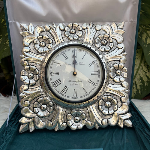 Pure Silver Square Flower Design Clock
