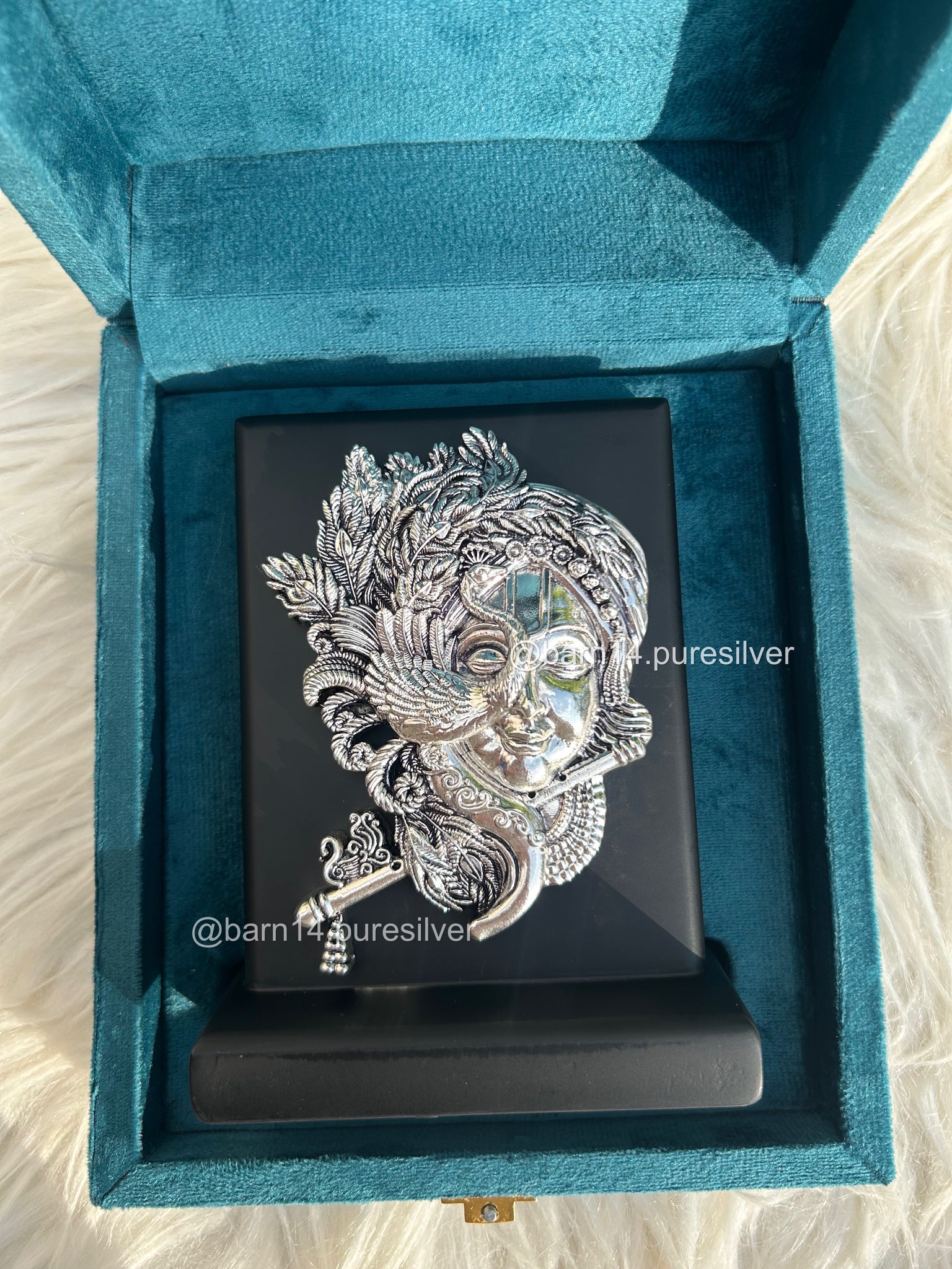 999 pure silver Baal Krishna idol on stand, handcrafted devotional gift symbolizing innocence and divine joy, ideal for baby showers and housewarmings.