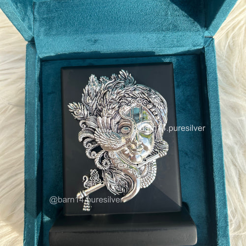 999 pure silver Baal Krishna idol on stand, handcrafted devotional gift symbolizing innocence and divine joy, ideal for baby showers and housewarmings.