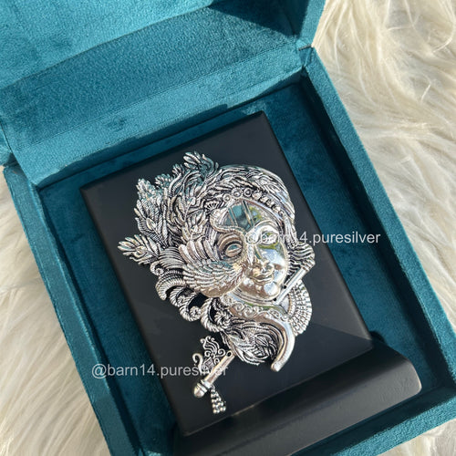 999 pure silver Baal Krishna idol on stand, handcrafted devotional gift symbolizing innocence and divine joy, ideal for baby showers and housewarmings.