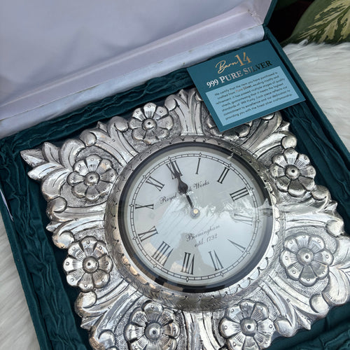 Pure Silver Square Flower Design Clock