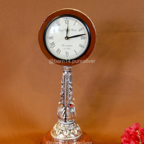 Elegant pure silver table clock on decorative stand – timeless luxury gift for Diwali, corporate events, or royal interiors.