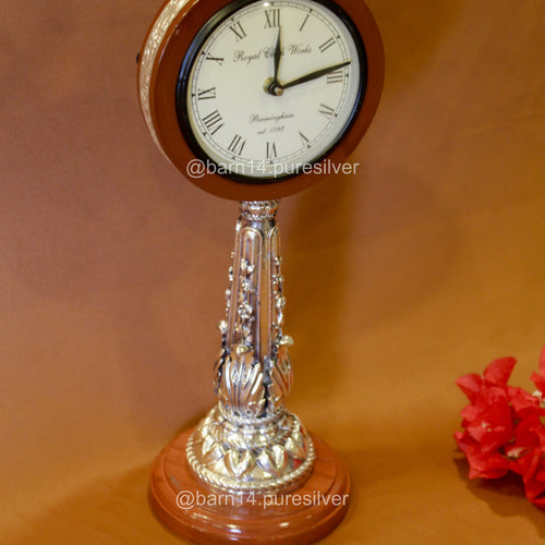 Elegant pure silver table clock on decorative stand – timeless luxury gift for Diwali, corporate events, or royal interiors.