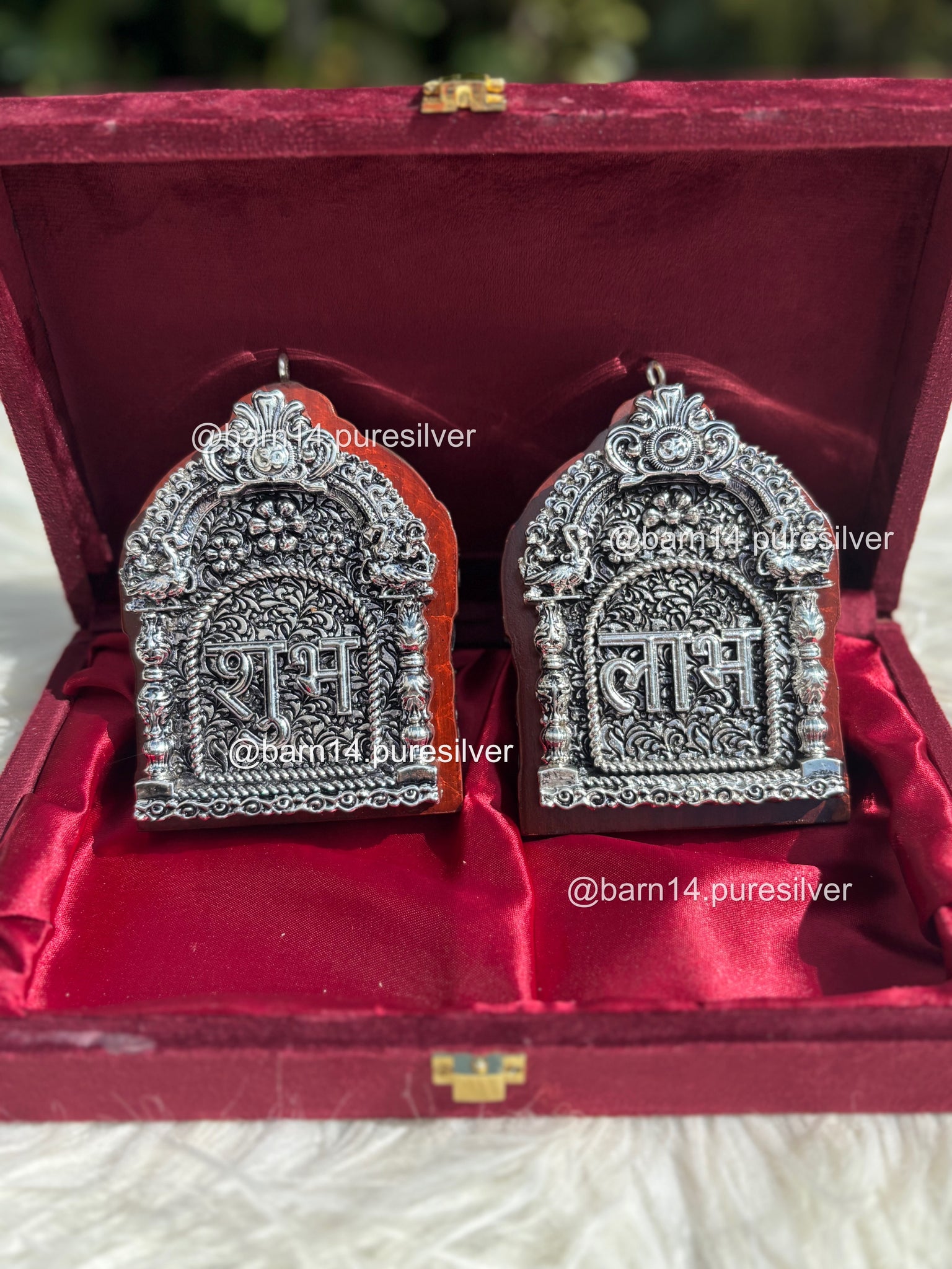 999 pure silver Shubh Laabh set in velvet box, auspicious home décor for prosperity and positivity, perfect for Diwali, weddings, and housewarmings.