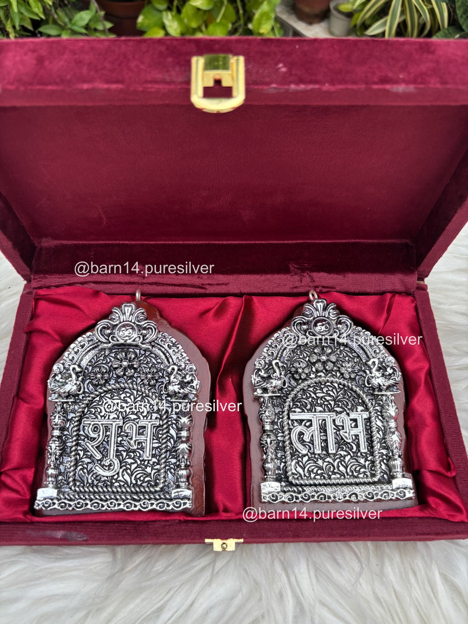 999 pure silver Shubh Laabh set in velvet box, auspicious home décor for prosperity and positivity, perfect for Diwali, weddings, and housewarmings.